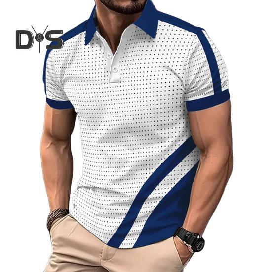 Men's Lapel T-Shirt Slim Fit Polka Dot Polyester Tee Shirt Color Block Summer Casual Short Sleeve Top for Daily Wear Sports Street