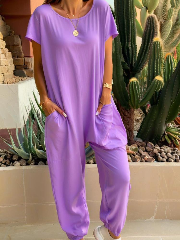 

Летний женский однотонный комбинезон с V-образным вырезом, большим карманом и заниженной талией 5XL