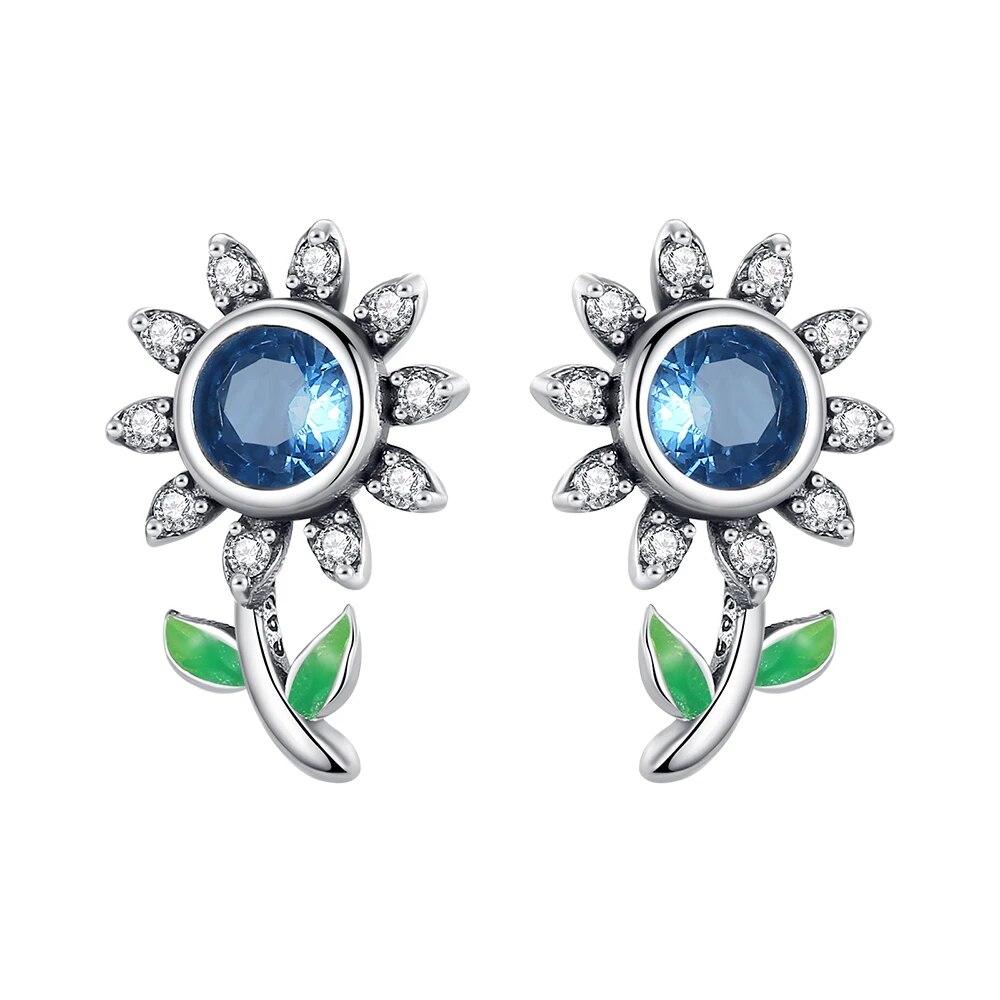 NEW 925 Silver Ear Jewelry Sunflower Flowers Plants Design Stud Earrings Trendy Female Luxury Fine Engagement Wedding Earring