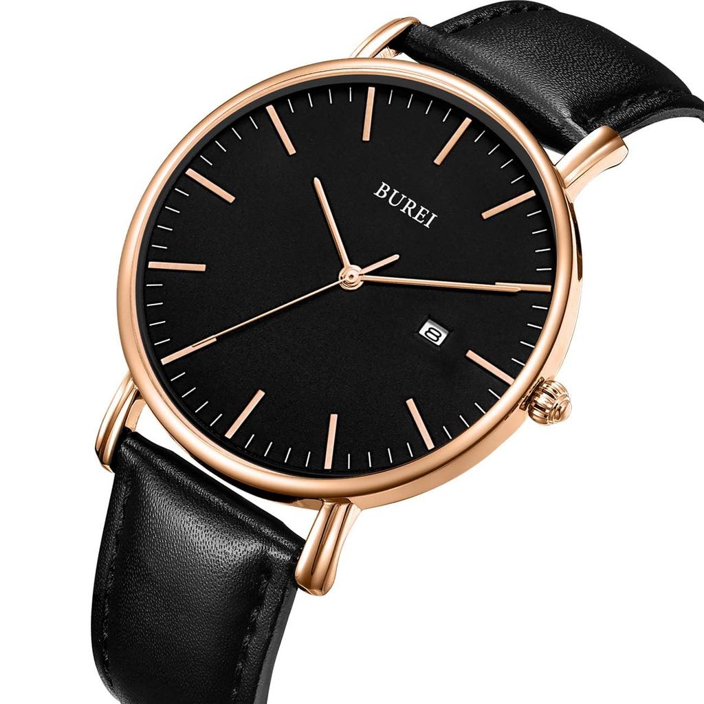 BUREI Men's Watch, Simple, Stylish, Popular Brand, Ultra-Thin, Lightweight, Business, Analog, Quartz Movement, Date Display, Waterproof, Leather, Rose