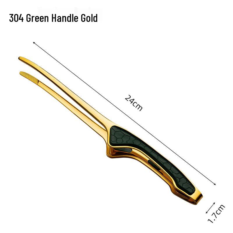 Gold Stainless Steel Korean BBQ Tongs with Green Rubber Handle, Japanese Restaurant Style Grilling Tongs for Steak and Food.