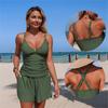 Ruched Tankini Set Summer Solid Crisscross Back Pocketed Swimwear Two Piece Beach Slimming Elegant Bathing Suit