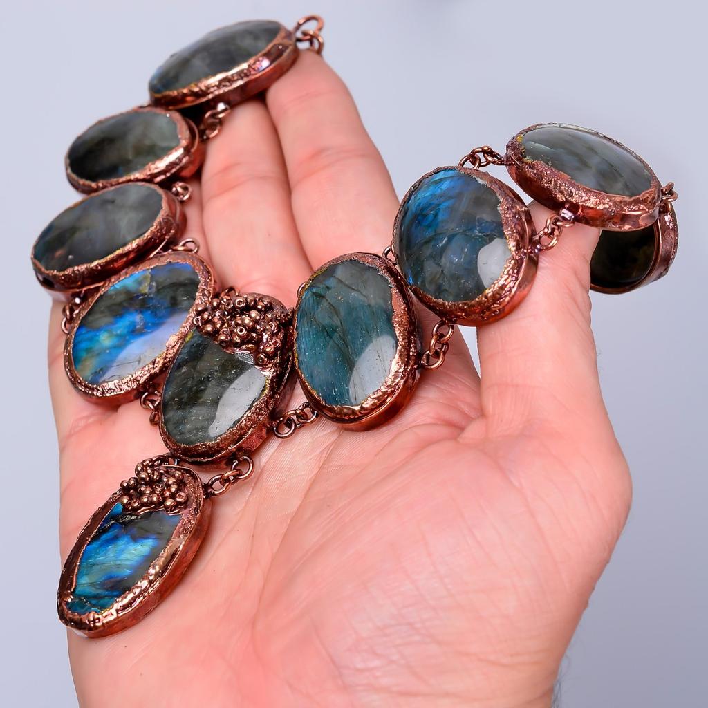 Oval Labradorite Gemstone Copper Birthday Chain Electroformed Necklace Jewelry V-85