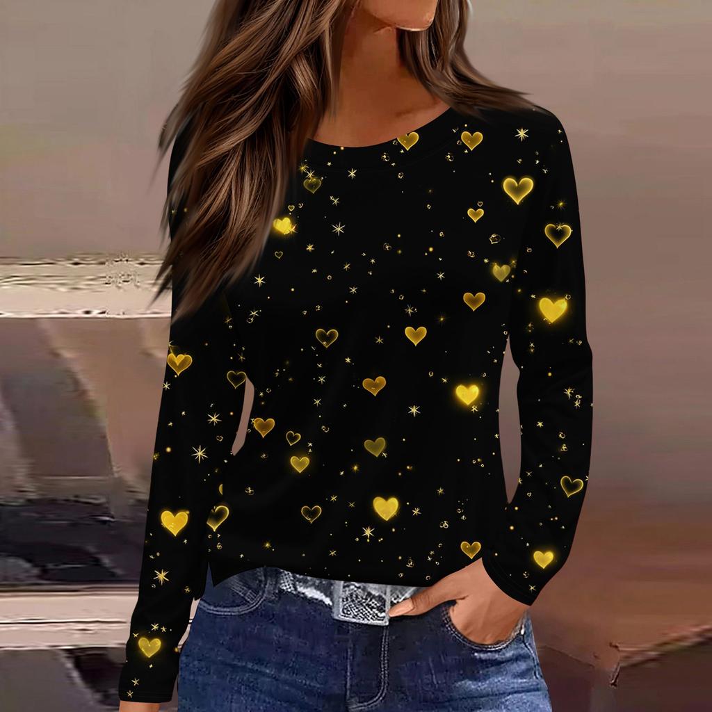 Damen Modisches Langarm-Rundhals-Oberteil mit Schlitzsaum und Valentinstag-Herzprint