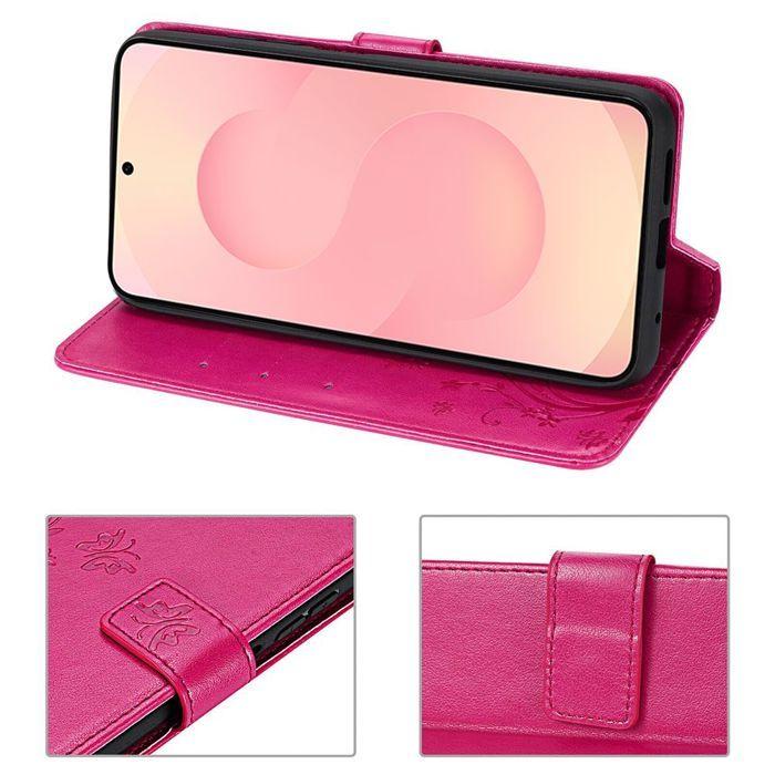 Coque de Protection - BOOLING - pour Samsung Galaxy S25 FE - Effet Cuir Motif Papillon Fuchsia - 2 Verres Trempés