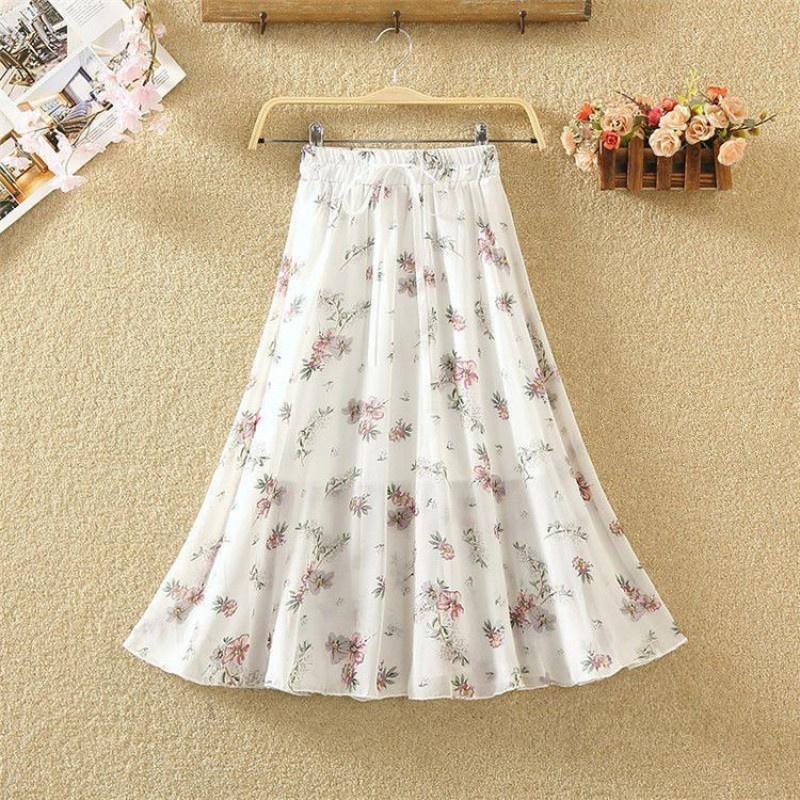 Qooth Women A Line Flower Chiffon Skirt Wide Hem Mid Length Elastic Waist Casual Skirt QT2665