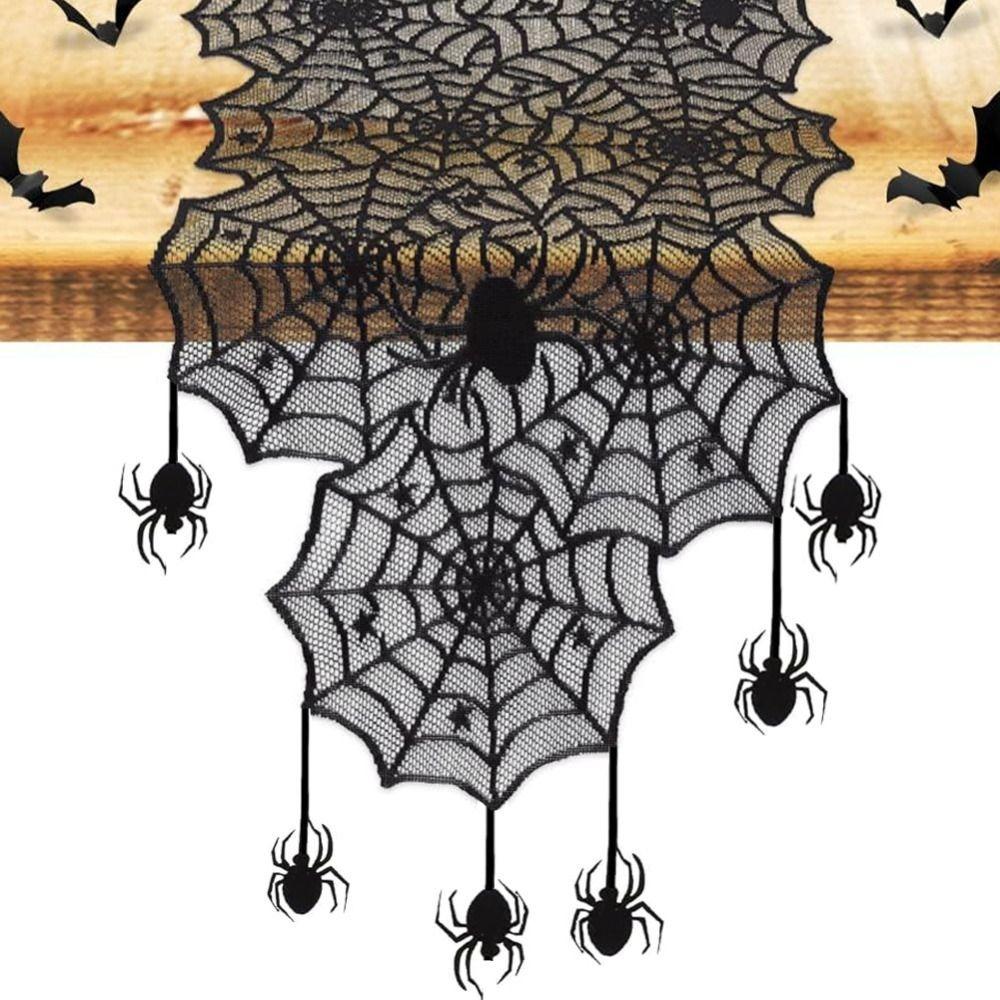 With Spider Pendant Spider Web Black Lace Table Runner Mesh Halloween Table Decoration  Halloween