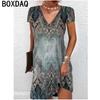 Women Summer Short Sleeve V-Neck Dress 3D Vintage Floral Gradient Elegant Dress Big Size Casual A-Line Dresses