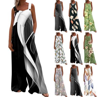 Women's Fashion Casual Loose With Pockets  Sleeveless Printed Jumpsuit