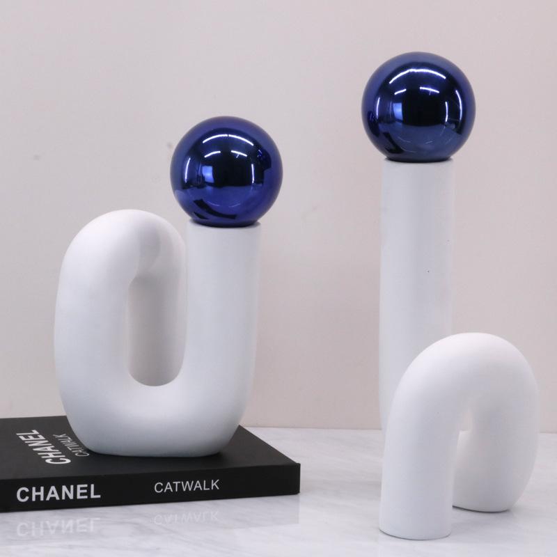 Simple Modern Electroplated Metal Decorative Ball Creative Blue and White Twisted Flower Arrangement Ornaments S-shaped Elbow Model House Accessories