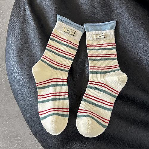Japanese Women Socks Autumn and Winter Korean Color Matching Middle Tube Socks Casual Fashion Striped Knitted Cotton Long Socks