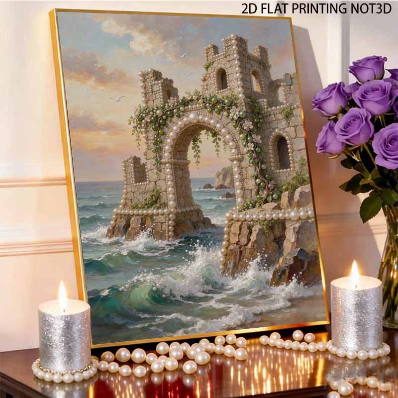 DIY Framed Pearl Painting Kit Pearl Castle Seaside Arch Ocean Waves 3D Sparkling Bead Art Canvas Home Decor Gift