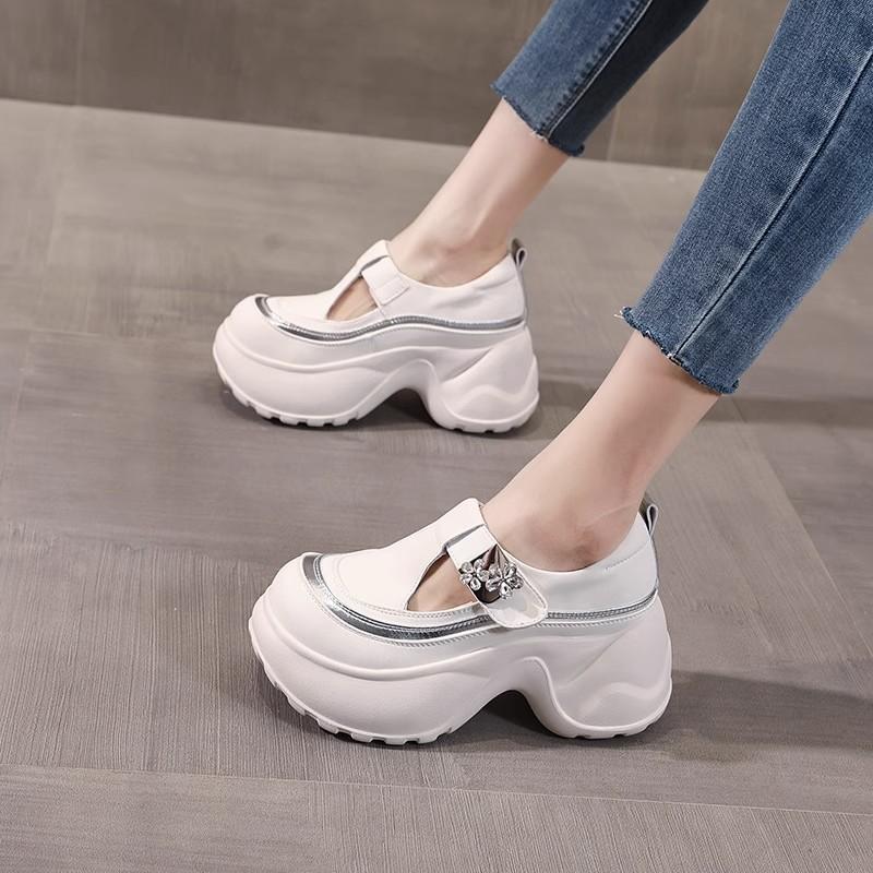 2025 new casual muffin loafers women's fashion single shoes thick sole inner height increase Velcro rhinestones versatile
