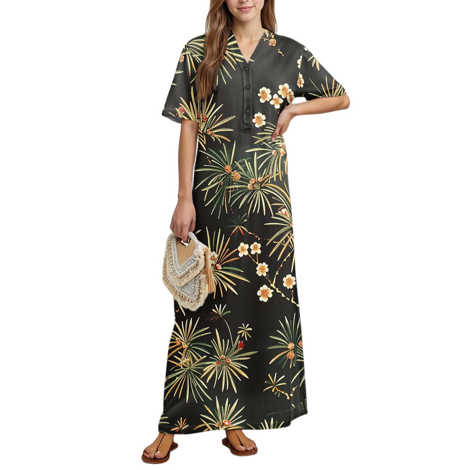 

Жіноча мода Принтована нічна сорочка Домашній одяг Нічна сорочка з коротким рукавом з кишенями Довга сукня M коричневий