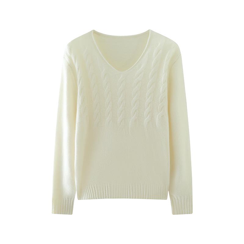 Women's V-Neck Cashmere Sweater - Autumn/Winter Warm, Elegant Knit, Solid Color, Thick Cable Knit Base Layer Top