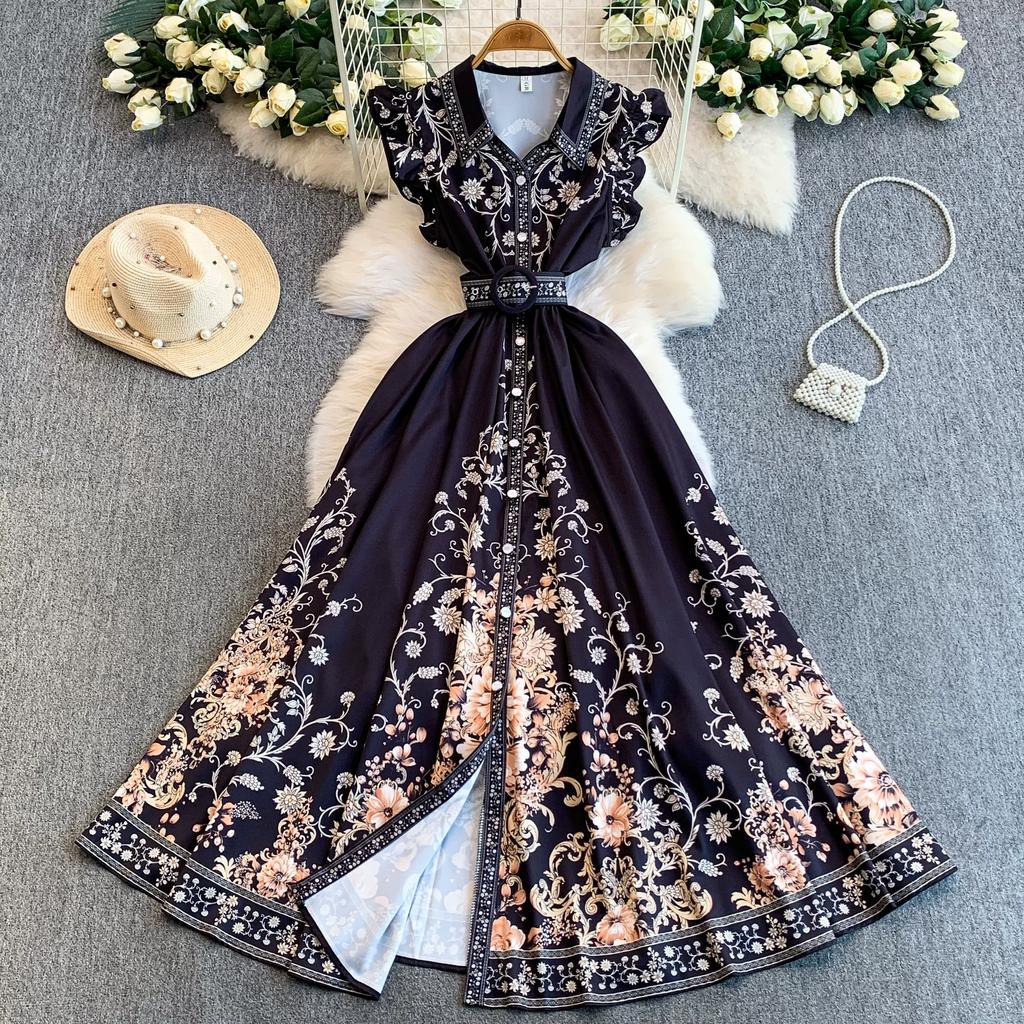 Abito Chemisier da Donna Vintage con Stampa Floreale, Vestibilità Slim, con Cintura, Moda Estiva, Maniche a Sbuffo, Monopetto, Elegante, Casual