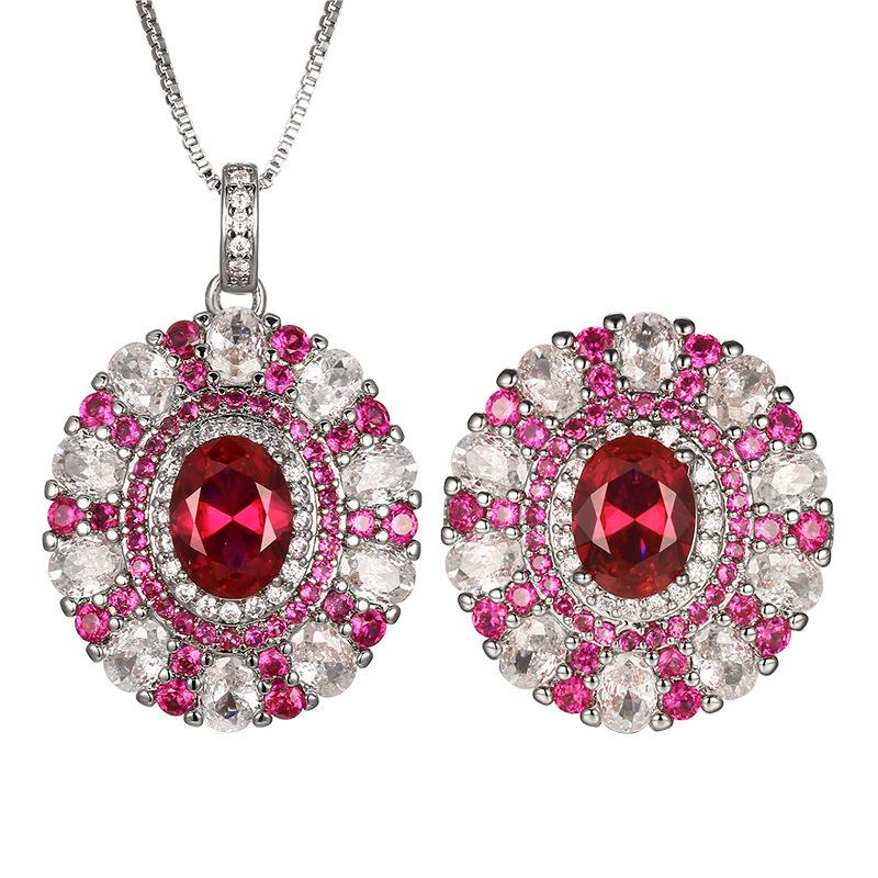 Luxury Oval Cut Ruby Red Sapphire Blue Ring Necklace Adjustable Double Halo Design with Pink Elegant Jewelry Women Party Gift