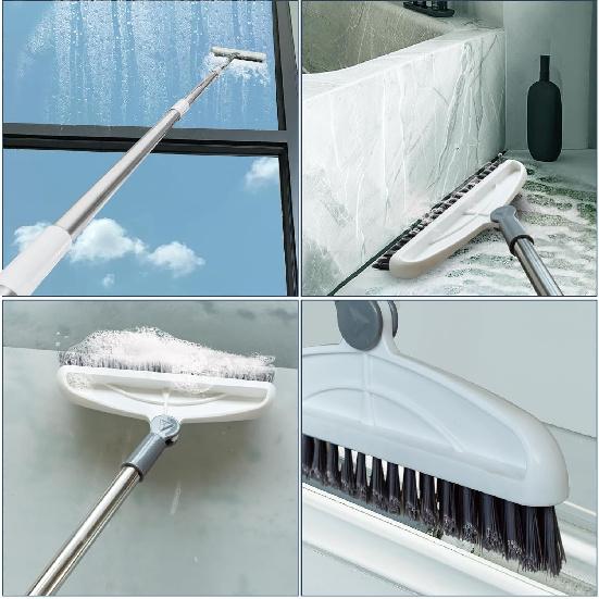 Grout Cleaning Brush with Long Handle, Stiff Brush, Swivel Hard Bristle Brush, 2 in 1 Scrub Brush with Scraper, Tapered Bristles Grouting Line Brush,