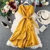 French Elegant New One Piece Dress Women V-neck High Waist Ruffles Sweet Party Dresses Female Korean Fashion Bow Vintage Fairy Dress 2024
