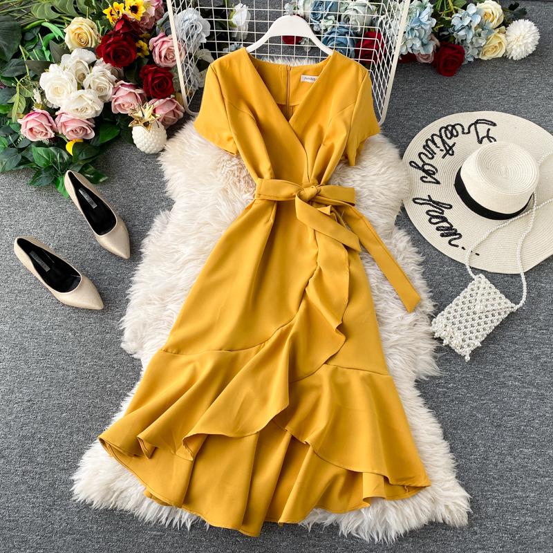 French Elegant New One Piece Dress Women V-neck High Waist Ruffles Sweet Party Dresses Female Korean Fashion Bow Vintage Fairy Dress 2024