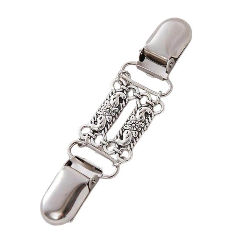 Sweater Clasp Fastener with Silver Tone Floral Center Detail and Double Spring Holders for Cardigan Neckline Shawl Scarf Styling, 1 Piece