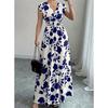 Women's Casual Floral Short-Sleeve Tie-Front V-Neck Fitted Dress for Summer
