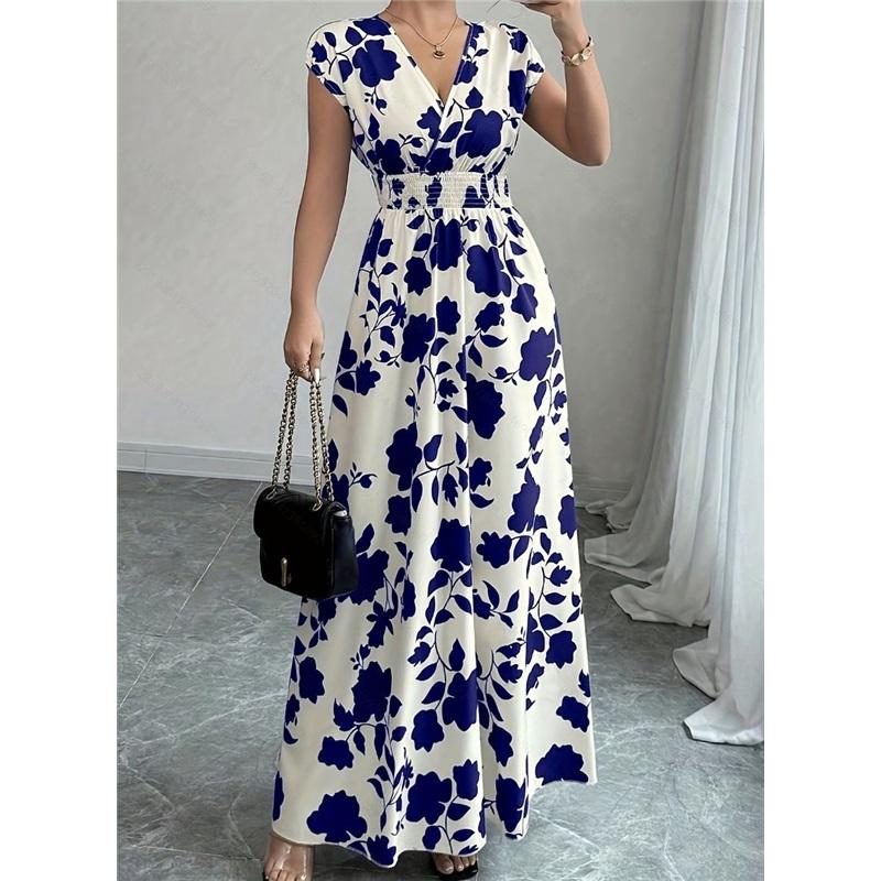 Women's Casual Floral Short-Sleeve Tie-Front V-Neck Fitted Dress for Summer