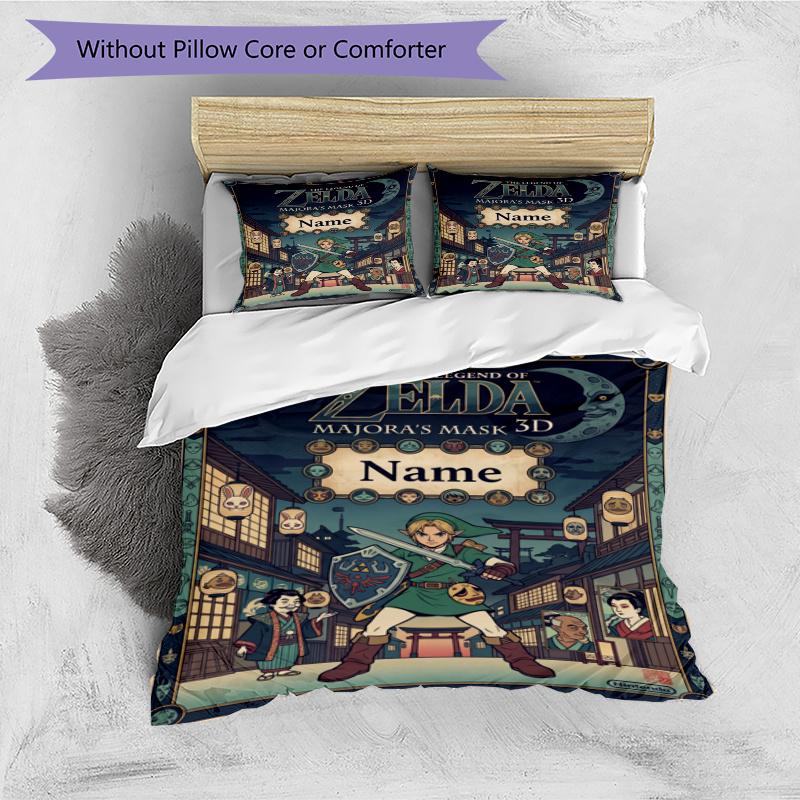 Set cuvertură de pilota 3 buc (1 * Husă de pilota + 2 * Față de pernă, Fără Miez), Set de așternut personalizat cu nume și model The Legend of Zelda, Cadou pentru Decorarea Dormitorului de Acasă