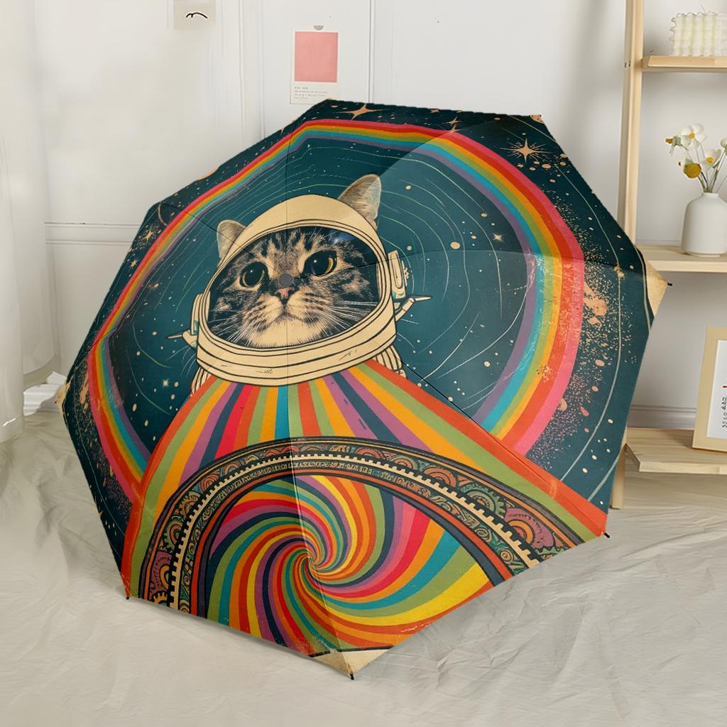 Cat In Space With Rainbow Automatic Umbrella Compact & Durable 8-Rib Design Sturdy Construction Perfect for Outdoor Adventures Vibrant