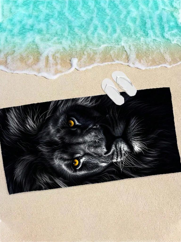 Trendy Black Lion Print Beach Towel,Microfiber Lightweight Quick Dry,Oversized for Camping Bathroom,Modern 3D Animal Decor Towel