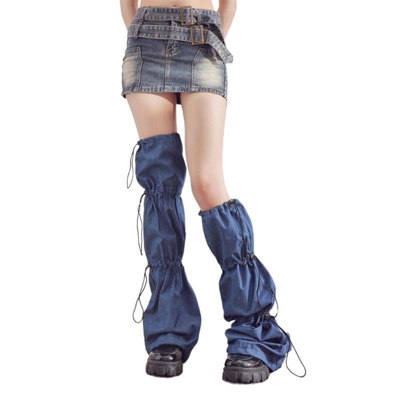 Punk Jeans Leg Warmers with Drawstring Bandage Harajuku Leg Cover Flared Over Knee Long Socks Streetwear for Women