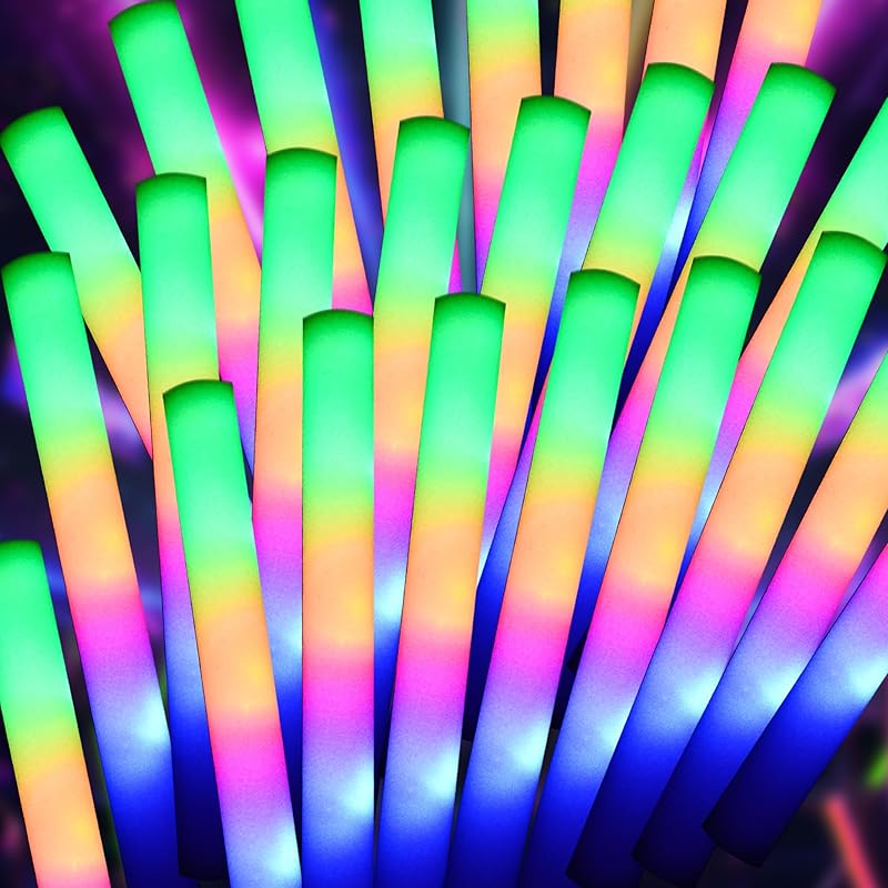 pelreame 55 Pcs LED Foam Glow Sticks Bulk,Foam Light Up Sticks 3 Modes of Color Flashing,Glow in The Dark Party Supplies for 55Pcs-Foam glow sticks