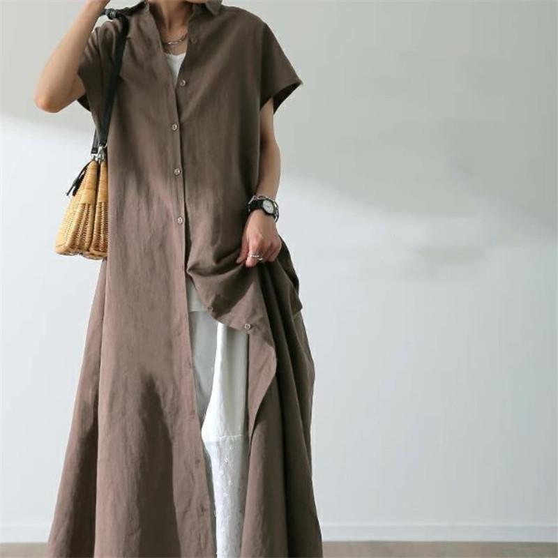 Outerwear skirt, pullover, short-sleeve cotton-linen dress, loose lapel for women, fashionable and casual