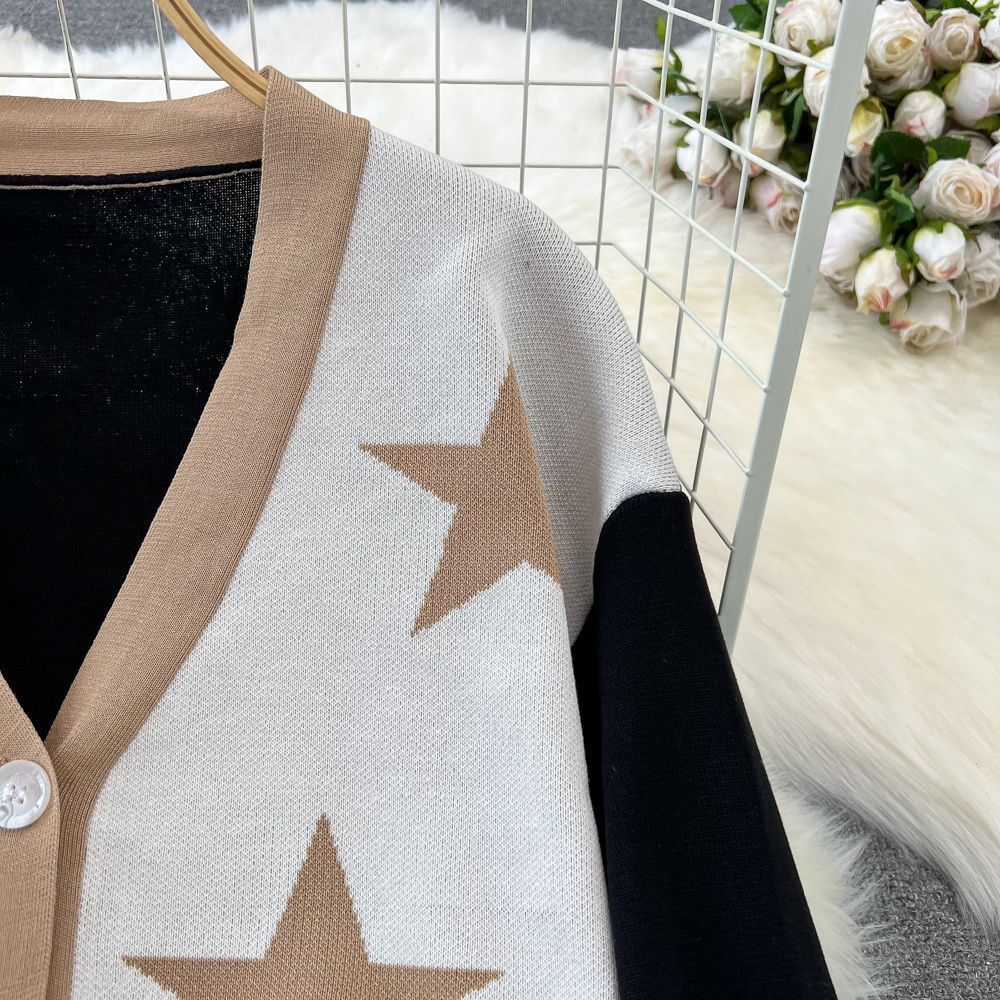 Fashion Suit for Women, Like Long-sleeved V-neck Single-breasted Knitted Jacquard Jacket, Two-piece Set of High-waisted and Thin Wide-leg Pants.