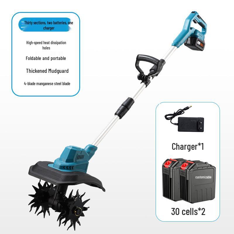 New Lithium Battery Micro Tiller: Four-Blade Soil Loosener for Home Gardening
