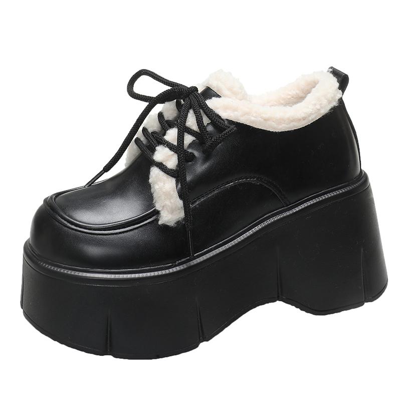 Fashion Women Warm Fur Snow Boots Winter Soft Leather Motorcycle Short Boots High Platform 9CM Ladies Chunky Plush Sneakers Botas Mujer