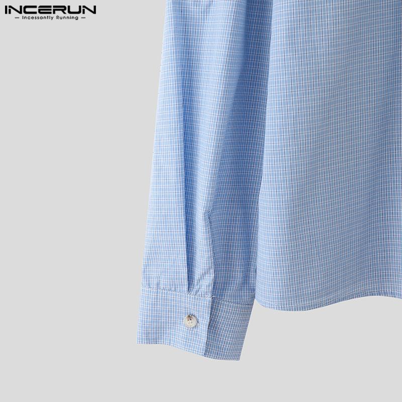 INCERUN Oversized Men Lapel Neck Long Sleeve Floral Print Plaid Casual Shirts Tops
