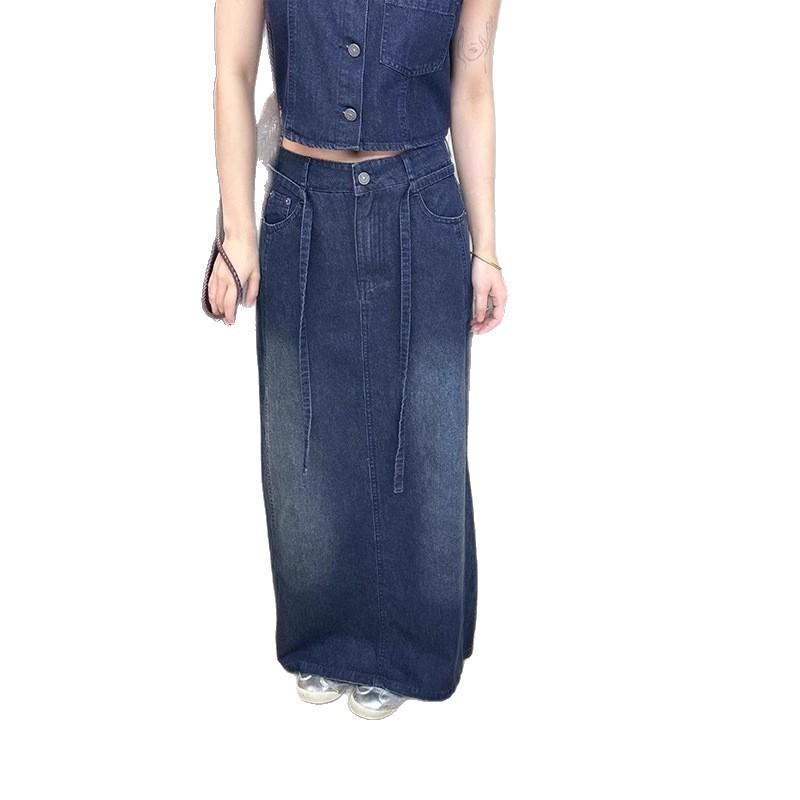 1116 Summer New Hong Kong Style Retro Vest Vest Top Women's High Waist Straight Denim Skirt Two-piece Set
