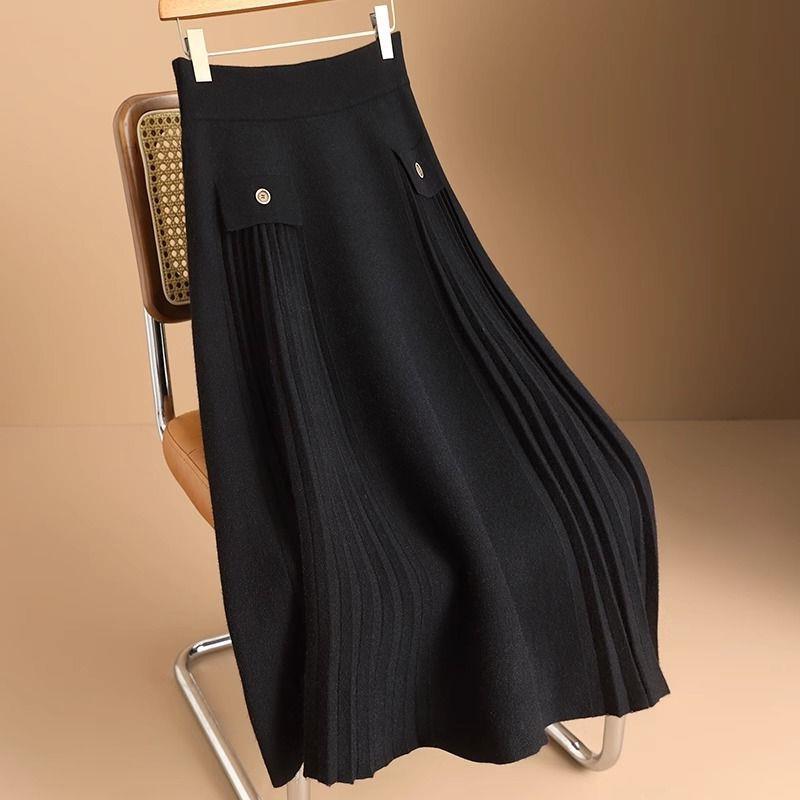 2024 High Waist Pleated Knit Skirt - Slim, Thick, Medium Length for Autumn & Winter