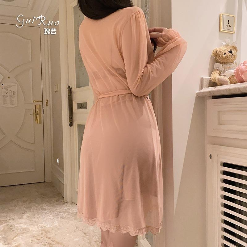 Smooth satin underwear passion hot backless deep V plus chest pad nightdress mesh robe women's suit