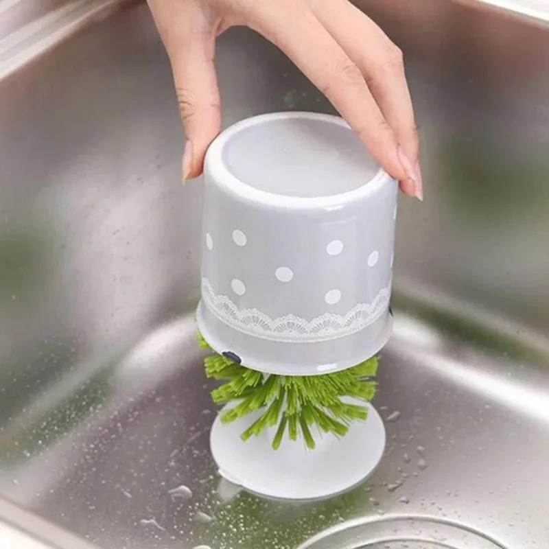 Sink Suction Cup Brush for Wine Glasses Mugs Bottles Durable Bristles Grip Upright Stability Cleaner Glass Brush with Suction Cu