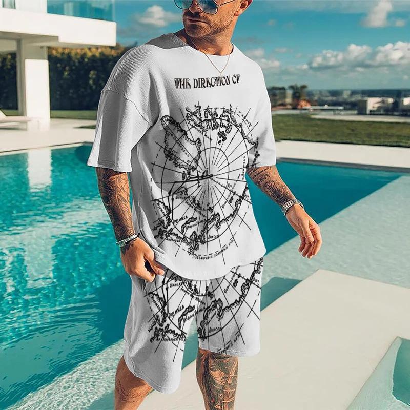 Summer Men 3D Printed Compass Casual Luxury T-Shirt Shorts Set Tracksuit Male 2 Pieces Fashion Outfit Man Clothing Jogging Suit