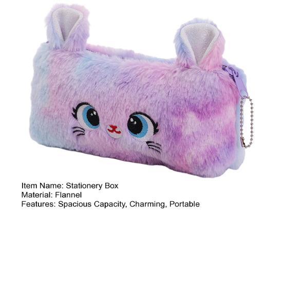 Stationery Box Flannel Pencil Case Zipper Closure Portable Cat Pattern Makeup Pouch Large Capacity