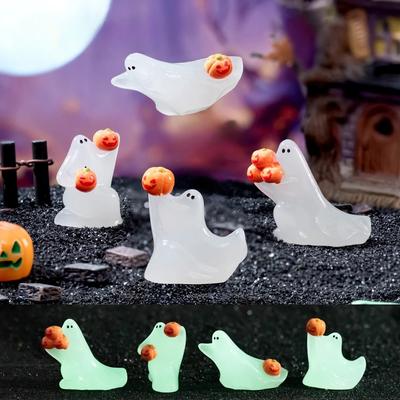 4Pcs Luminous Pumpkin Ghost Doll Mini Figures Fish Tank Decor Glow In Dark Figure Garden Micro Flower Potted Landscape Ornament
