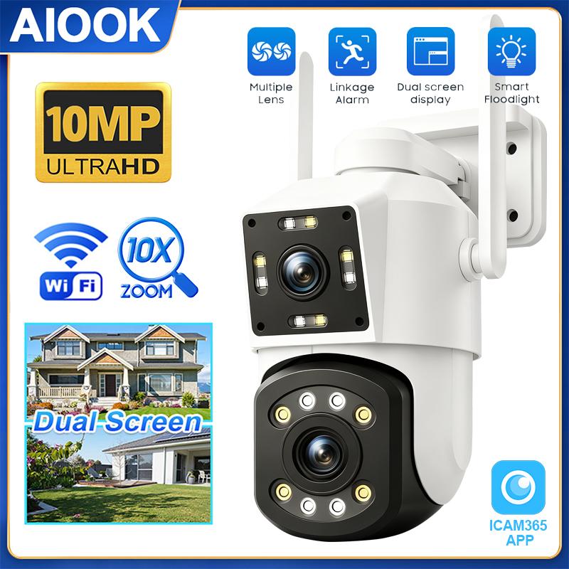 AIOOK Doppelobjektiv-Sicherheitskamera HD10MP WiFi Außenkamera Mobilverfolgung Zwei-Wege-Sprechanlage Vollfarb-Nachtsicht IP CCVT ICAM365 APP
