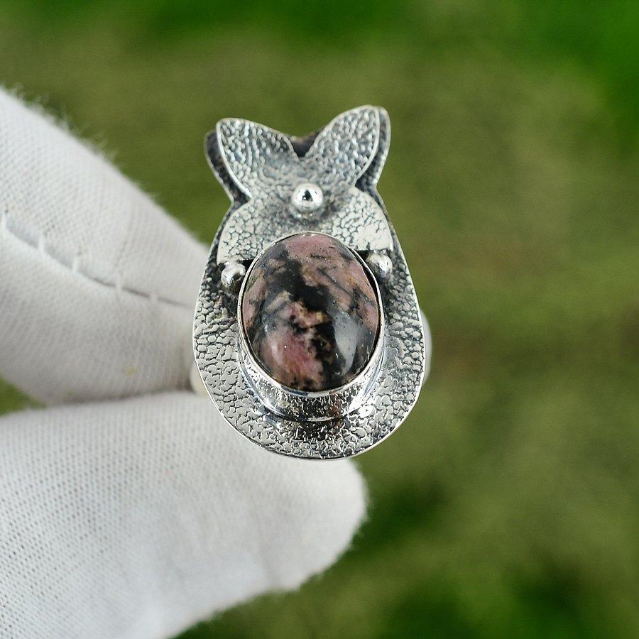 Geburtstagsgeschenk für sie Natürlicher Rhodonit Mehrstein Verstellbarer Ring 925 Silber