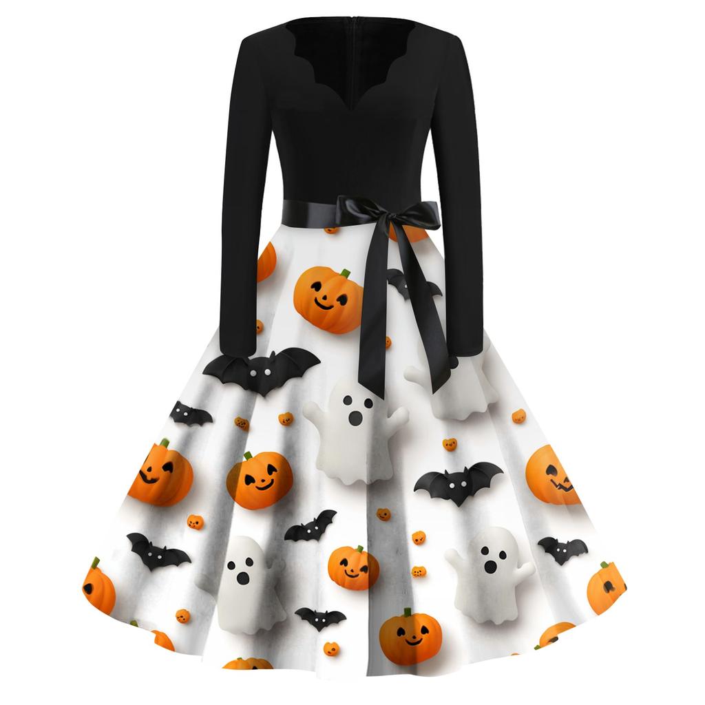 Women's Casual Fashion Halloween Printed V-Neck Vintage Dress