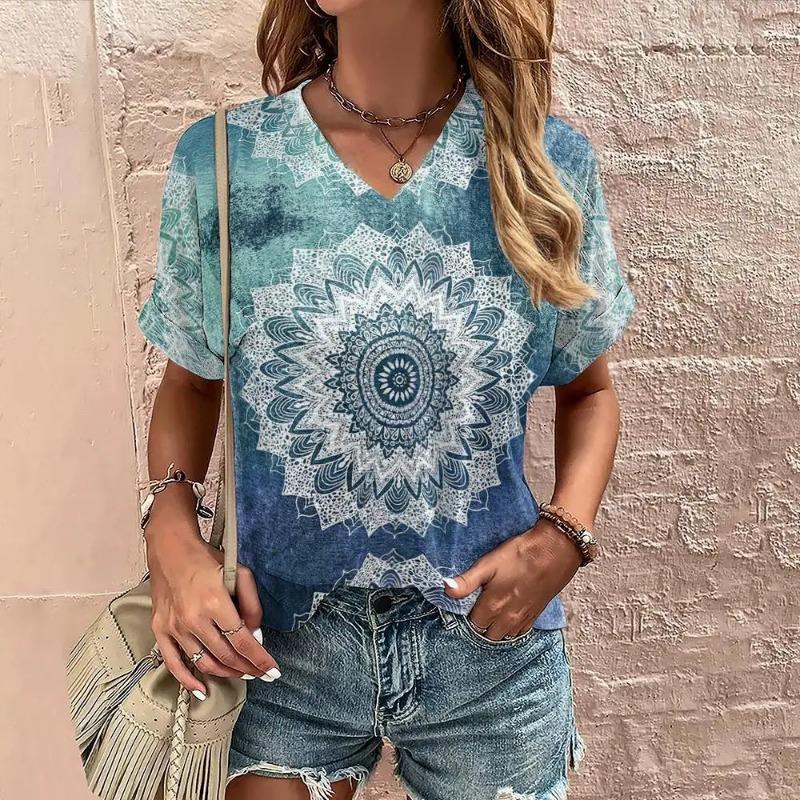 Tricou Boho Harajuku pentru damă, cu imprimeu grafic, cu mâneci scurte de vară, Topuri casual, la modă de stradă, tricou cu decolteu în V, îmbrăcăminte pentru femei, tricouri pentru femei