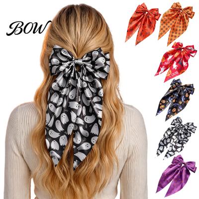 Long Streamer Hair Clip Halloween Silky Satin Bows for Women, Big Ribbon Bow Clips Girls, Party Oversized Tail Barrettes, Cute Ghost Bat
