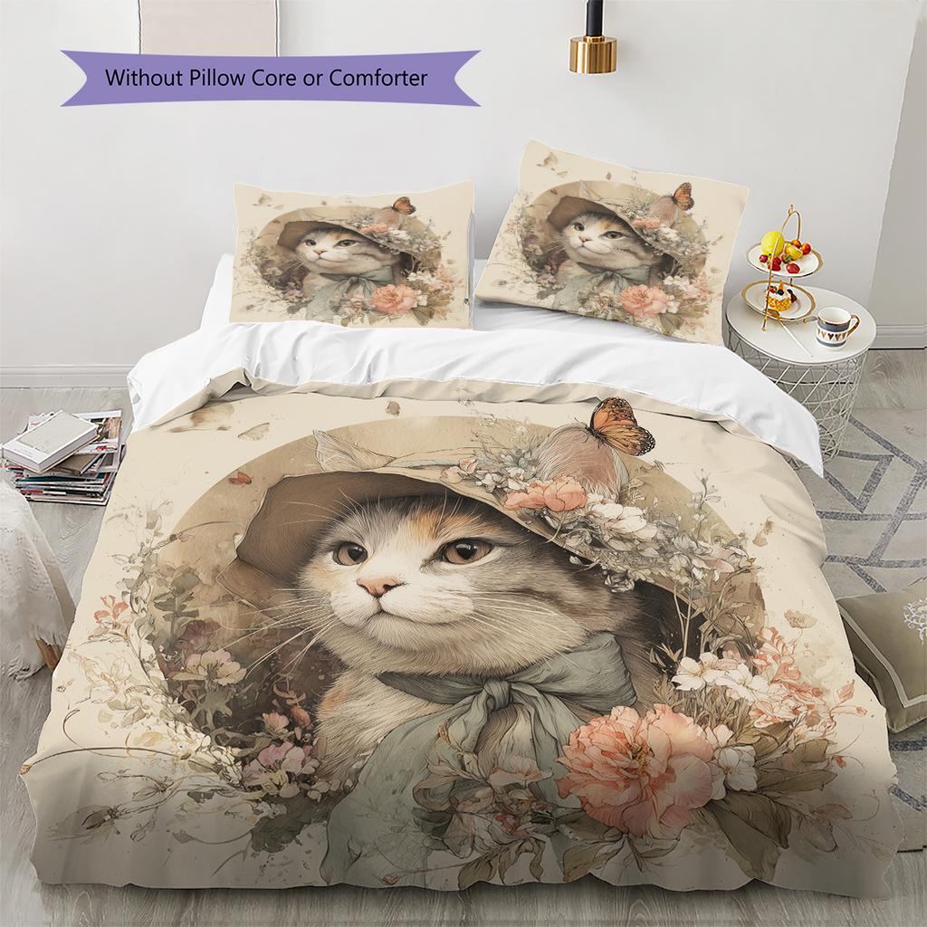 Set Copripiumino Trapuntato con Fantasia Gatto con Cappello Vintage Decorazione per la Casa Regalo (1 * copripiumino + 2 * federa, senza nucleo)